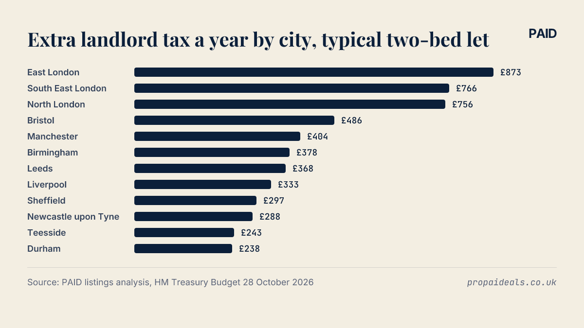 Extra landlord tax a year by city, typical two-bed let